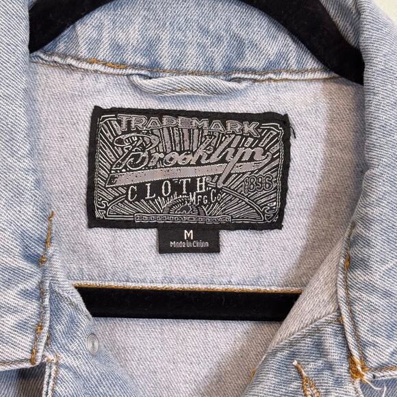 Brooklyn Cloth Co. Trucker Jean Jacket Mens M Blue Denim Graffiti Palm Tropical - Picture 7 of 8